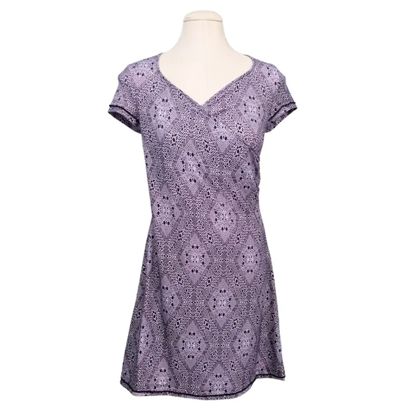 prAna Victoria Faux-Wrap Dress Print Lupine Kaleidoscope Purple Geometric SMALL - Picture 2 of 7